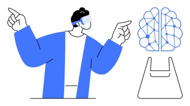 Geometrik beyin modelini gösteren VR kulaklık takan kişi, çizim masası. AI, VR, teknoloji, yenilik, fütüristik kavramlar, insan-bilgisayar etkileşimi, dijital dönüşüm için ideal