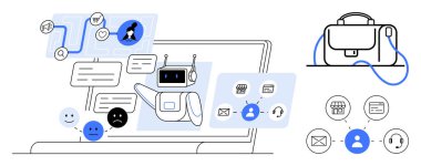 Robot sohbet robotu kullanıcılarla etkileşime geçiyor, bir laptop iş çantasında ikonlarla ilgili sorulara cevap veriyor. Müşteri desteği, yapay zeka teknolojisi, çevrimiçi yardım, dijital iletişim, iş dünyası için ideal