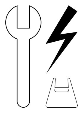 İngiliz anahtarı, yıldırım ve alışveriş çantası taslakları. Aletler, elektrik, alışveriş, elektrik, ticaret mühendisliği endüstriyel temalar için idealdir. Basit tasarım, soyut çizgi düz metaforunu giyer