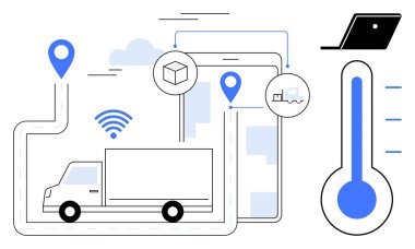 Teslimat kamyonu sürüş rotaları, GPS pimleri, kablosuz sinyaller, sıcaklık göstergesi, dizüstü bilgisayar ve akıllı telefon arayüzü. Lojistik, dağıtım hizmetleri, tedarik zinciri İOT entegrasyon sıcaklığı için ideal