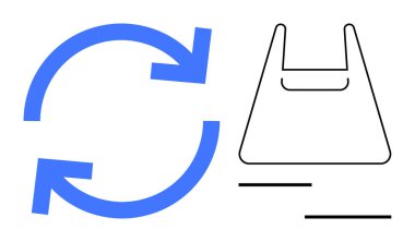 Mavi dairesel oklar, siyah çizgili plastik bir torba yanında geri dönüşüm olduğunu gösteriyor. Sürdürülebilirlik, atık yönetimi, çevre dostu girişimler, geri dönüşüm, çevre bilinci için ideal