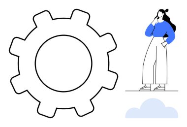 Mavi bluzlu ve beyaz pantolonlu bir kadın, büyük dişli dişlinin yanında duruyor, elleri çenesinde. Sorun çözme, karar verme, mühendislik, yenilik, beyin fırtınası, üretkenlik planlaması için ideal