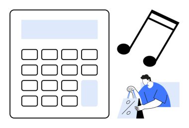 Müzik notası ve alışveriş torbası tutan adamın yanında hesap makinesi. Finans, müzik sektörü, bütçe, perakende, alışveriş, mal, müzik yönetimi için idealdir. Satır metaforu