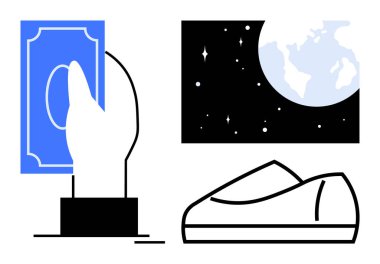 El ele tutuşan mavi para, ayakkabı ve yıldızlı uzay manzaralı dünya. Finans, harcama, ayakkabı, astronomi, seyahat, ekonomi ve yaratıcılık konuları için idealdir. Satır metaforu
