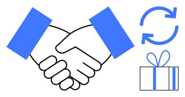 Geri dönüşüm okları ve hediye kutusu simgeleriyle ortada tokalaşın. Ortaklıklar, anlaşmalar, sürdürülebilirlik, müşteri sadakati, ticaret, karşılıklılık kavramları için idealdir. Satır metaforu