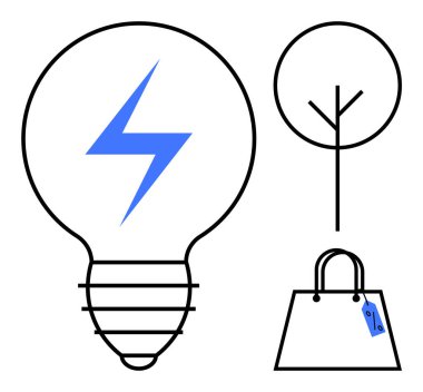 Mavi yıldırımlı kalın ampul, basit ağaç çizgisi ve fiyat etiketli alışveriş çantası. Çevre dostu fikirler, tüketim, yenilik, enerji, doğa, sürdürülebilirlik ticareti için ideal