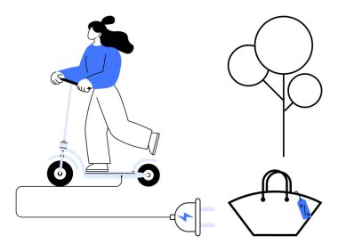 Elektrikli scooter kullanan, fiş ve prizi bağlayan, minimalist ağaç diyagramı olan ve üzerinde fiyat etiketi olan biri. Sürdürülebilirlik, kentsel yaşam ve çevre dostu ulaşım için ideal