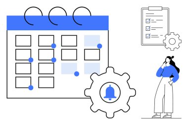 Mavi kalemli ve teçhizatlı büyük bir takvim, kontrol panosu, işaretli ve teçhizatlı, düşünceli bir kadın elinde kağıt tutuyor. Üretkenlik, organizasyon, planlama, hatırlatıcılar, zaman yönetimi için ideal