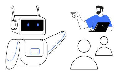 Sunum sırasında gruba işaret eden antenli robot, dizüstü bilgisayar kullanan ve işaret eden kişi. AI entegrasyonu, takım çalışması, eğitim, teknoloji, yenilik, insan-robot etkileşimi için ideal