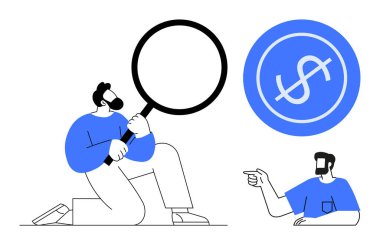 Büyüteci olan bir adam bir şeyi inceliyor, diğer adam dolar simgesini işaret ediyor, mavi aksanlı. Finans, yatırım, karlılık, araştırma, büyüme inceleme ve iş stratejisi için ideal. Basit.