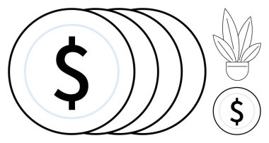 Dört tomarla bozuk para, küçük paralar ve saksı bitkisi. Mali büyüme, tasarruflar, yatırımlar, refah yönetimi, ekonomik stratejiler, iş karları kişisel finans ipuçları için ideal
