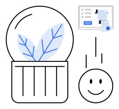 Yapraklı ampul, gülen surat, ekranda ödeme makbuzu. Sürdürülebilirlik, eko-finans, ödemeler, dijital ekonomi, büyüme, pozitiflik, soyut mali yönetim çizgisi için ideal