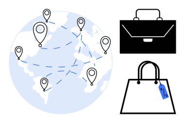 Konum iğneleri, bağlantı hatları, evrak çantası, etiketli alışveriş çantası olan bir dünya haritası. Küresel ticaret, e-ticaret, lojistik, bağlantı, pazarlama perakende küreselleşme için idealdir. Soyut çizgi