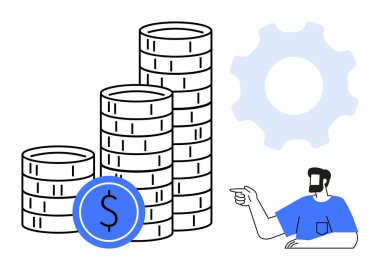 Yığınla bozuk para, üzerinde dolar işareti olan büyük mavi para, işaret eden insan ve vites sembolü. Finans, tasarruf, ekonomik büyüme, iş stratejisi, yatırım zenginliği yönetimi için ideal