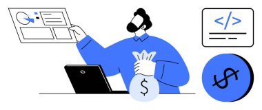 Veri tablosunu analiz eden, para çantasını tutan, kodlayan bir adam. Finansal teknoloji, veri analizi, yazılım geliştirme, yatırım stratejisi, zenginlik yönetimi, serbest teknoloji çalışması dijital için ideal