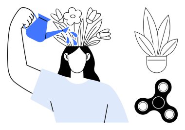 Başlarından büyüyen çiçekleri sulayan kişi öz bakım ve büyümeyi simgeler. Elementler arasında bir sulama kutusu, çiçekler, saksı bitkisi ve hareketli bir değirmen yer alıyor. Farkındalık ve refah için ideal.