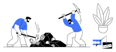 Balyoz ve kazma, saksı bitkisi ve nota grafiğiyle taş kıran iki kişi. Takım çalışması, el emeği, inşaat, büyüme, yaratıcılık ve minimalizm için ideal