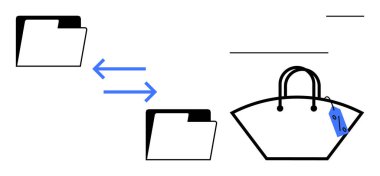 Fiyat etiketi olan bir alışveriş çantasına bitişik, üzerinde ok olan iki dosya. Veri alışverişi, dosya paylaşımı, alışveriş, e-ticaret, finans, iş alışverişi, dijital