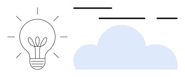 İçinde büyümeyi ve yeniliği simgeleyen bir bitki bulunan ampul, fikirleri temsil eden çizgileri olan bir buluta bitişik. Yaratıcılık, beyin fırtınası, çevre dostu kavramlar ve teknoloji için ideal.