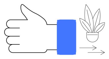 Mavi kollu el hareketi, yanında bir saksı bitkisi ve ileri doğru hareket ettiğini gösteren oklar. Onay, başarı, büyüme, yön, pozitiflik, ilerleme, motivasyon için ideal