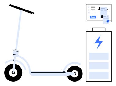 Bir şarj istasyonunun yanında elektrik scooter 'ı var. Şarj göstergesi var. Dijital ekranda ödeme göstergesi ile bitişik. Teknolojik yenilik, kentsel hareketlilik, temiz enerji ve dijital için ideal