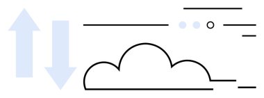 Mavi yukarı ve aşağı okları olan bulut simgesi, noktalı elementler ve hareketi gösteren yatay çizgiler. Bulut hesaplama, veri transferi, senkronizasyon, ağ, teknoloji hizmetleri, web için ideal