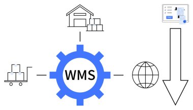 Depo, WMS 'li vites kutusu, kutulu el arabası, aşağıya bakan ok, fatura. Lojistik, tedarik zinciri, envanter çevrimiçi satış ekommersi, operasyonel verimlilik için idealdir.