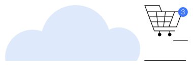 Bulut şekli, alışveriş arabası simgesinin altında bulut depolamasını temsil ediyor. Rozeti üç öğe gösteriyor. E-ticaret, çevrimiçi alışveriş, bulut hizmetleri, dijital depolama, veri yönetimi için ideal