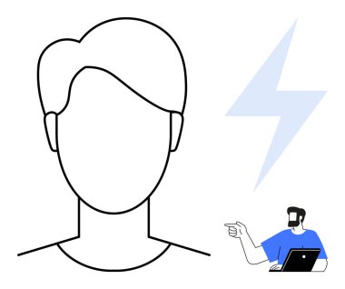 Silüet profili, dizüstü bilgisayar üzerinde çalışan bir adamın yanında, mavi yıldırım. İletişim, beyin fırtınası, yaratıcılık, yenilik, takım çalışması, çevrimiçi işbirliği için ideal