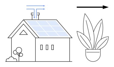 Güneş panelli ev, enerji akışını gösteren oklar, doğayı sembolize eden saksı bitkisi, küçük ağaçlar. Sürdürülebilirlik, eko-yaşam, yeşil enerji, ev tasarımı, yenilenebilir çevre için ideal