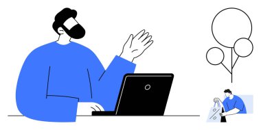 Masasında, dizüstü bilgisayarında yazı yazan bir adam var. Konuşma baloncukları iletişim değişimini gösteriyor. Çevrimiçi toplantılar, sanal sunumlar, dijital işbirliği, müşteri desteği, uzaktan kumanda için ideal