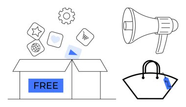 FREE etiketli açık kutu dijital servis simgeleri, araçları temsil eden teçhizat, satış etiketli alışveriş çantası ve megafon. Pazarlama, e-ticaret, dijital hizmetler, promosyonlar, satışlar için ideal