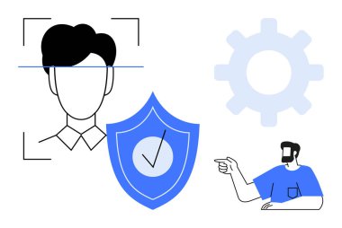 Kalkanlı yüz taraması, işaretleme, vites göstergesi, işaret eden kişi. Teknoloji, güvenlik, kimlik doğrulama, veri koruması, kullanıcı etkileşimi gizlilik dijital için idealdir. Soyut satır düzlüğü