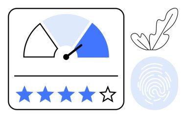 İğneli gösterge en yüksek puanı gösteriyor, dört mavi yıldız ve bir beyaz yıldız aşağıda. Soyut yaprağın yanında parmak izi. Müşteri geribildirimi, memnuniyet, reytingler, güvenlik, doğrulama için ideal