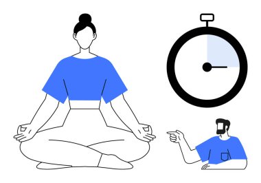 Meditasyon pozu veren bir kadın, zaman tüneli gösteren bir saat zamanlayıcısı ve talimat veren bir adam. Farkındalık, sağlık, rahatlama, zaman yönetimi, verimlilik, güdümlü meditasyon stres rahatlaması için ideal