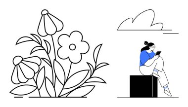 Blokta oturan bir insan, büyük çiçeklerin yanında tablet okuyor ve tek bir bulut. Rahatlama temaları, dijital detoks, yalnızlık, doğa takdir, farkındalık, dijital teknoloji, kişisel