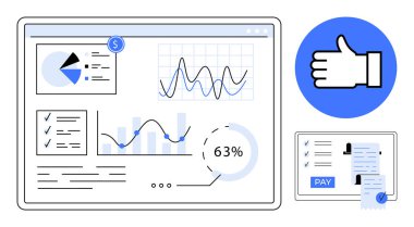 Veri tabloları ve grafikleri olan dijital gösterge paneli, onayı gösteren simge ve ödeme makbuzunu gösteren bir tablet. Analiz, veri görselleştirme, iş başarısı ve performans için ideal
