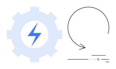 İçinde yıldırım olan dişliler ve enerji akışını gösteren çizgiler olan dairesel oklar. Teknoloji, mühendislik, güç üretimi, otomasyon, yenilenebilir enerji, sürekli gelişme için ideal