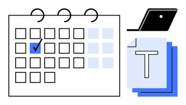 İşaretli, dizüstü bilgisayarlı ve belgeli takvim verimliliği, planlamayı ve organizasyonu temsil ediyor. Proje yönetimi, programlama, görev takibi, ev içi stratejiler verimliliği için ideal