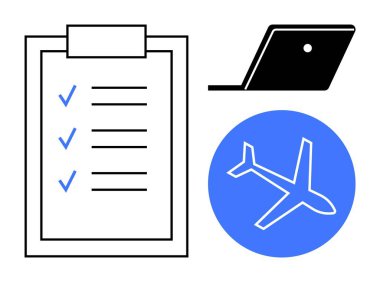 Clipboard with checkmarks, laptop, airplane in blue circle convey organization, planning, and travel. Ideal for productivity, travel checklists, project management, planning business trips clipart