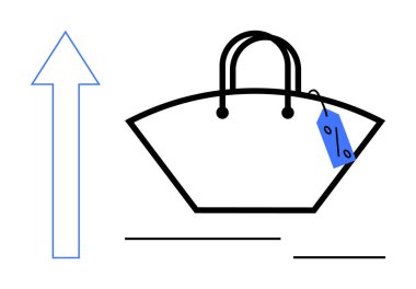 Yükselen okun yanında fiyat etiketi olan bir alışveriş çantası. E-ticaret, perakende büyümesi, satış artışı, alışveriş trendleri, piyasa performansı, iş başarısı, finansal büyüme için ideal. Modern