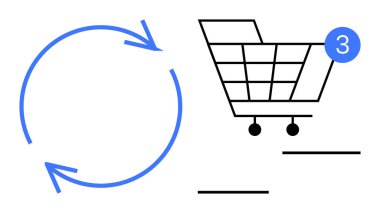 Alışveriş arabası simgesi, üç öğe ve sürekli alışveriş sürecini simgeleyen mavi dairesel oklar. E-ticaret, perakende, pazarlama, reklamlar, iş stratejisi, müşteri yolculuğu için ideal