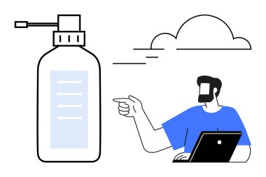 Adam dizüstü bilgisayar kullanırken sağ eliyle büyük bir el dezenfektanını işaret ediyor. Sağlık bilinci, iş güvenliği, hijyen tanıtımı, ofis ortamı, uzaktan çalışma, bilgisayar için ideal