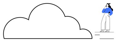 Kadın büyük, boş bir bulutun yanında düşünceli bir şekilde duruyor yaratıcılığı, fikirleri ve potansiyeli ima ediyor. Beyin fırtınası, vizyon, yenilik, gelecek planlama için ideal