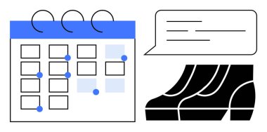 Mavi röfleli ve olay işaretli takvim, diyalog veya görevler için konuşma balonu, seyahat veya randevuları gösteren bir çift ayakkabı. Etkinlik planlama, programlama, koordinasyon, toplantılar için ideal