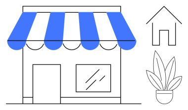 Mavi çizgili tenteli, tek pencereli ve kapısı olan küçük bir dükkan. Bitişiğinde bir ev çizgisi ve saksı bitkisi var. Perakende işi, ev dekorasyonu, bahçe işleri, mahalle ve toplum için ideal.