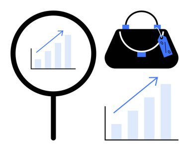 Magnifying glass highlights rising bar graph, handbag with price tag, upward-trending bar graph. Ideal for market analysis, retail growth, price trends, shopping insights, consumer behavior clipart