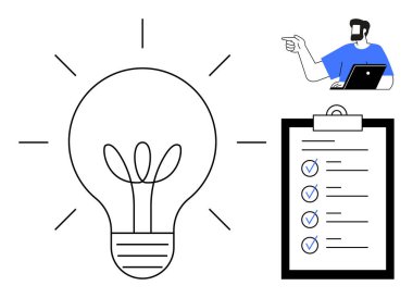 Ampul parlak bir fikri temsil ediyor, dizüstü bilgisayarı olan adam listeyi tamamladı. Yaratıcılık, yenilik, beyin fırtınası, proje yönetimi, üretkenlik ve strateji için ideal