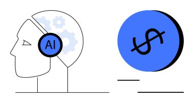 İnsan kafası yapay zeka teçhizatı solda, dolar işareti sağda. İş, yenilik, teknoloji, finans, yapay zeka, ekonomik büyüme için ideal. Soyut çizgi düz metaforu temsil ediyor