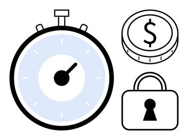 Mavi kadranlı kronometre, bozuk para ve anahtar delikli asma kilit. Finans, zaman yönetimi, güvenlik, tasarruf, yatırım süreleri koruma için ideal. Satır metaforu